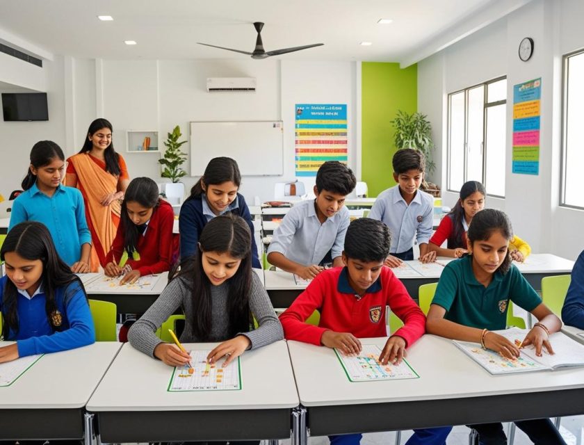Indian coaching institute classroom with multiple 8th class students solving math problems, collaborative study environment, teacher monitoring, modern educational setting.